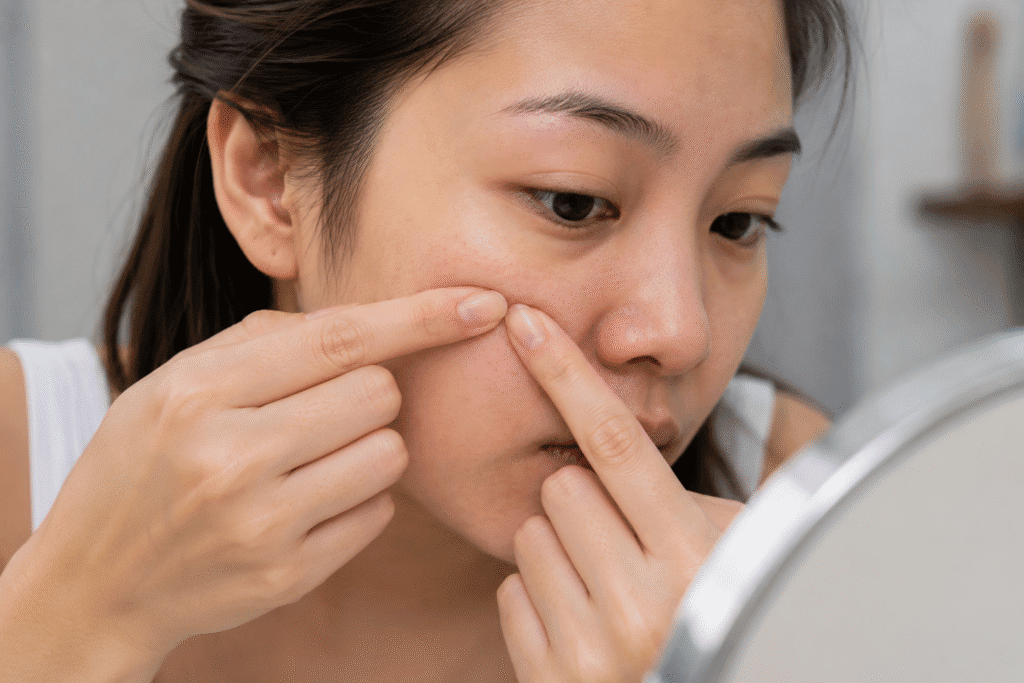 How to Pop a Pimple: What You Need to Know Before You Start 3 Woman popping a pimple on her cheek with her bare hands.