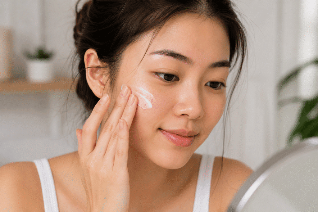 How to Get Rid of Crow's Feet: Simple, Effective Tips 3 Woman applying moisturizer to her cheek.