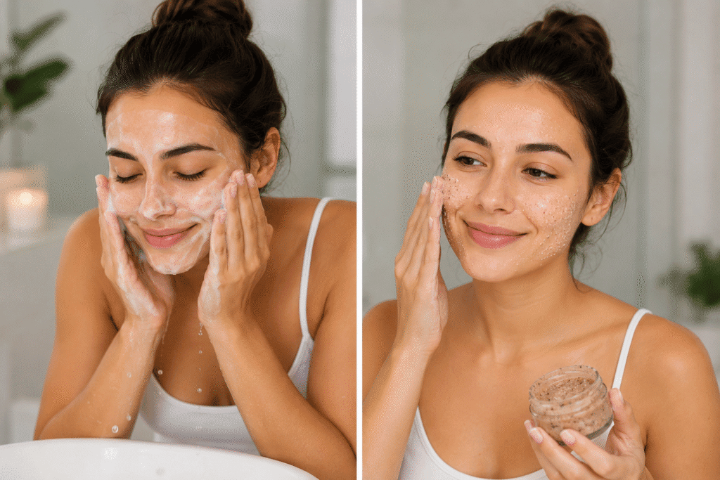 Do You Exfoliate Before or After Cleansing? 1 Girl cleansing her face before applying an exfoliating skincare product.