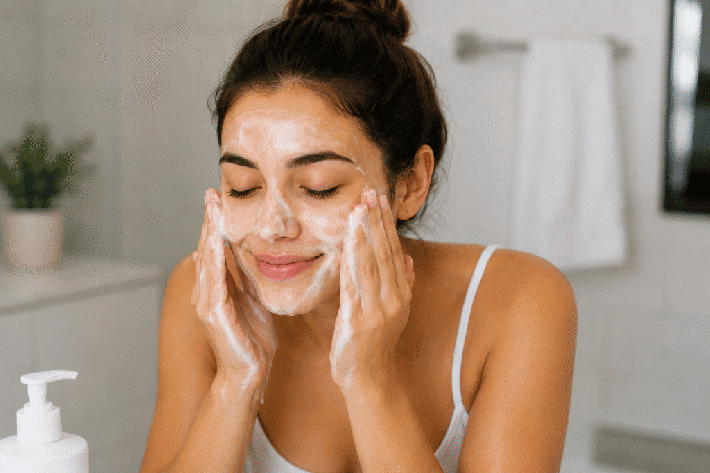 Do You Exfoliate Before or After Cleansing? 2 Woman cleansing her face with a foaming facial cleanser.
