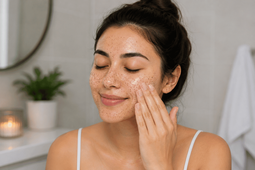 Do You Exfoliate Before or After Cleansing? 3 Woman gently exfoliating her face with a facial scrub.