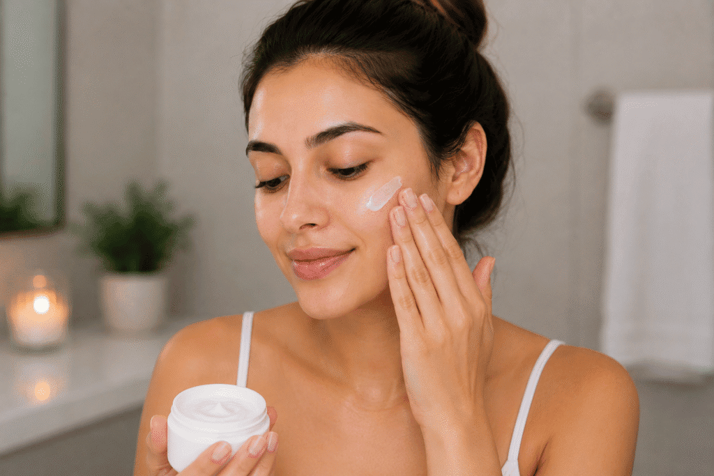 Do You Exfoliate Before or After Cleansing? 6 Girl applying moisturizer after exfoliating