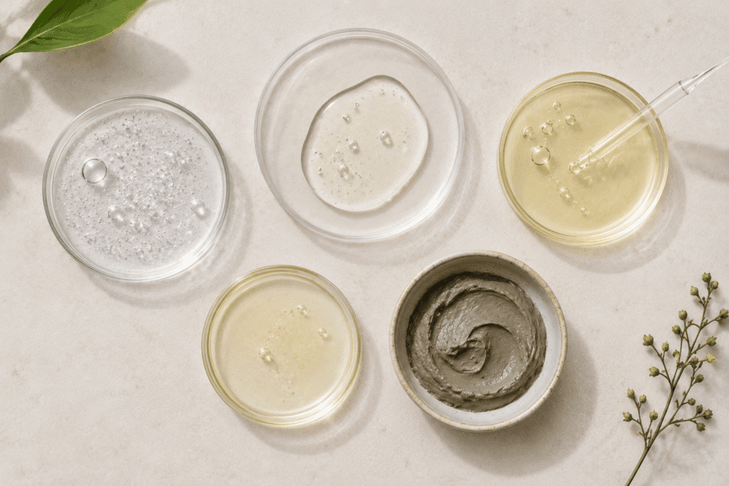Flat lay of pore-refining skincare ingredients.