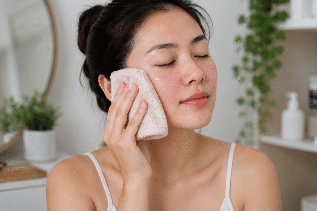 Woman applying a cool facial compress to soothe redness.