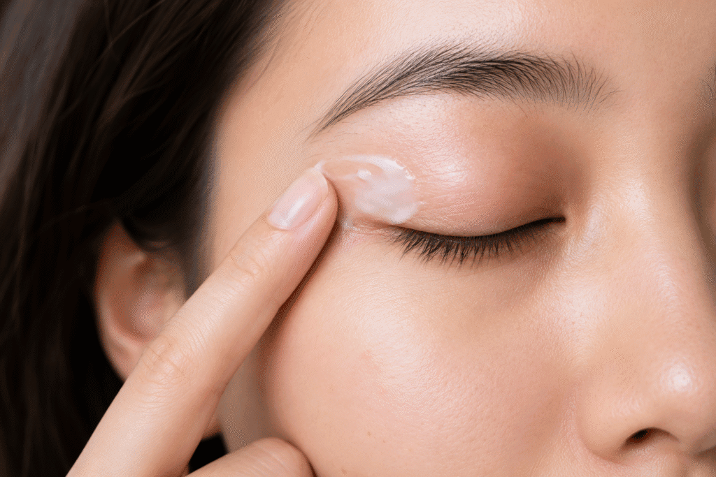 Dry Spot on Eyelid: Why Lids Feel Dry and Irritated 4 Woman applying moisturizer to the eyelid area.