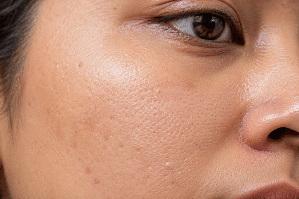 Close-up of facial skin texture with visible pores and uneven texture.
