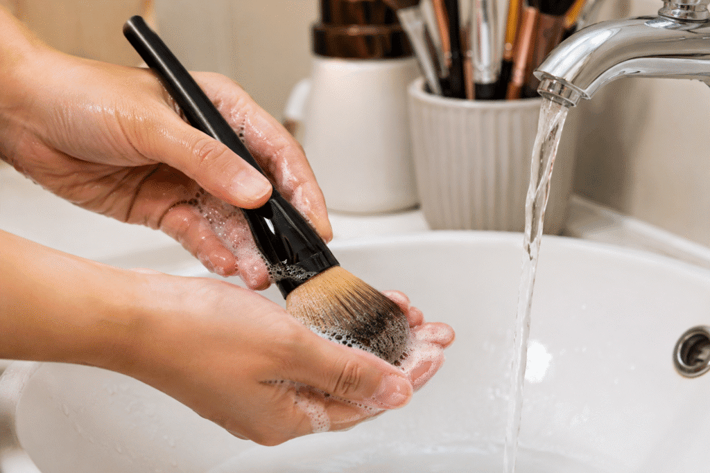 Washing a makeup brush with soap and water.