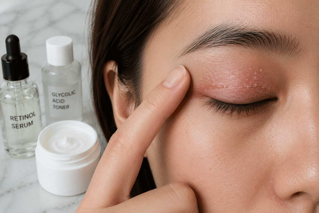 Dry Spot on Eyelid: Why Lids Feel Dry and Irritated 3 Dry and irritated eyelid caused by harsh skincare ingredients.