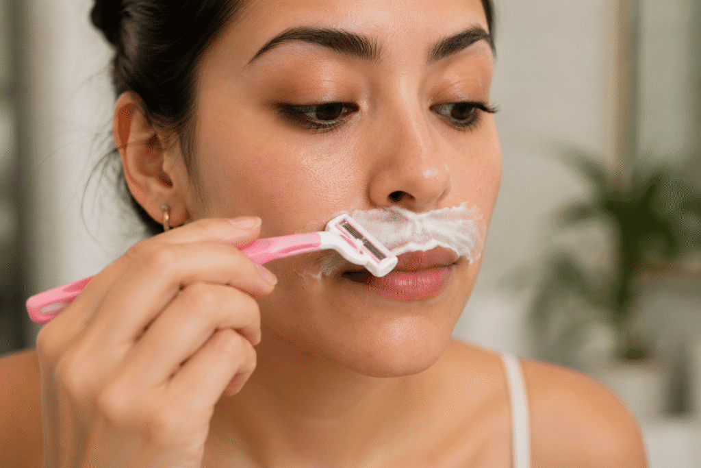 How to Get Rid of Mustache Shadow for Even Skin 7 Woman shaving her upper lip with shaving cream and a razor.