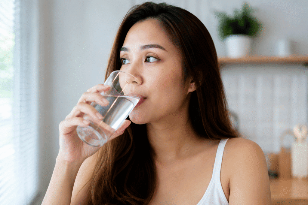 How to Get Rid of Mustache Shadow for Even Skin 8 Woman drinking a glass of water.