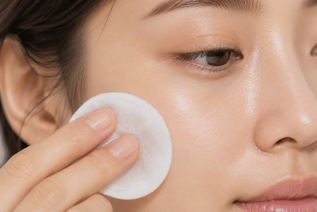 Close-up of a woman applying toner to her cheek with a cotton pad.
