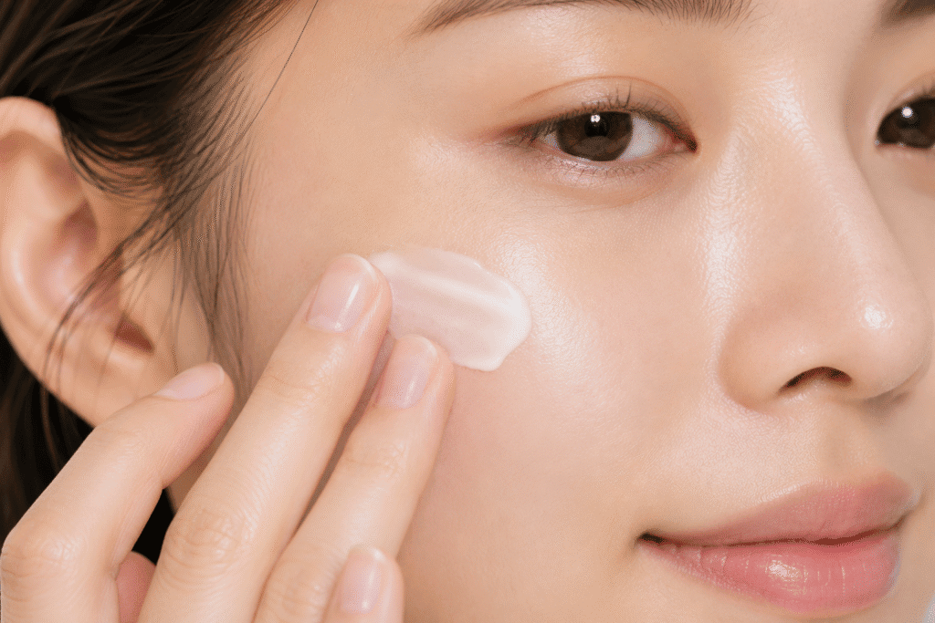Close-up of a woman applying moisturizer to her cheek