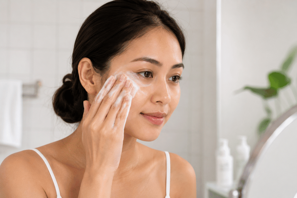 How to Get Rid of Crow's Feet: Simple, Effective Tips 2 Woman gently cleansing the skin around her eyes with facial cleanser.