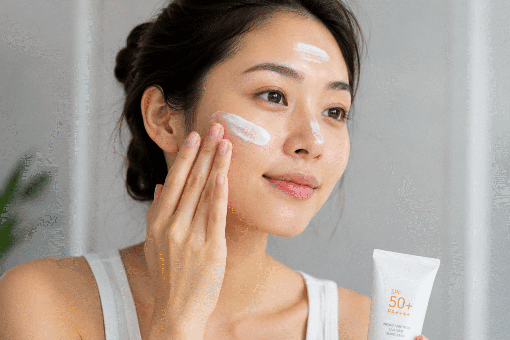 How to Get Rid of Crow's Feet: Simple, Effective Tips 4 Woman applying sunscreen to her face.