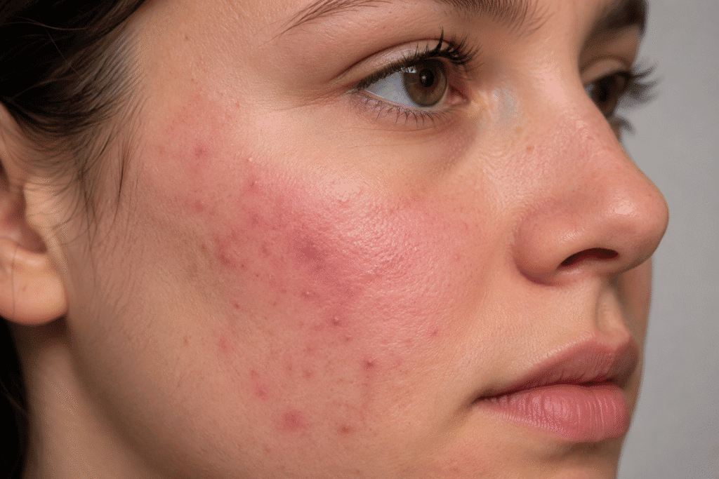 Close-up of facial acne with visible redness