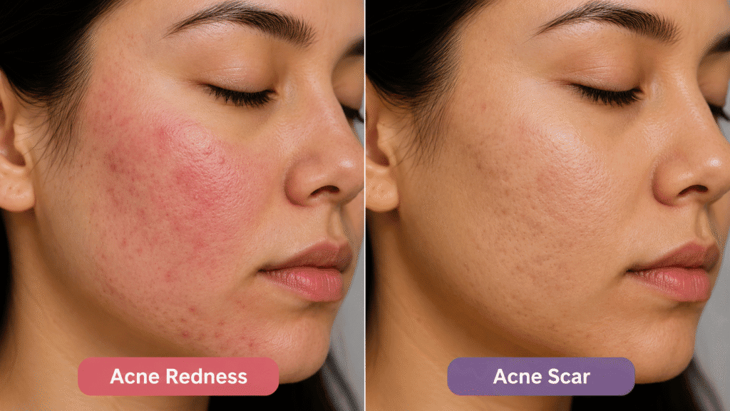 Side-by-side comparison of acne redness and acne scars on facial skin.