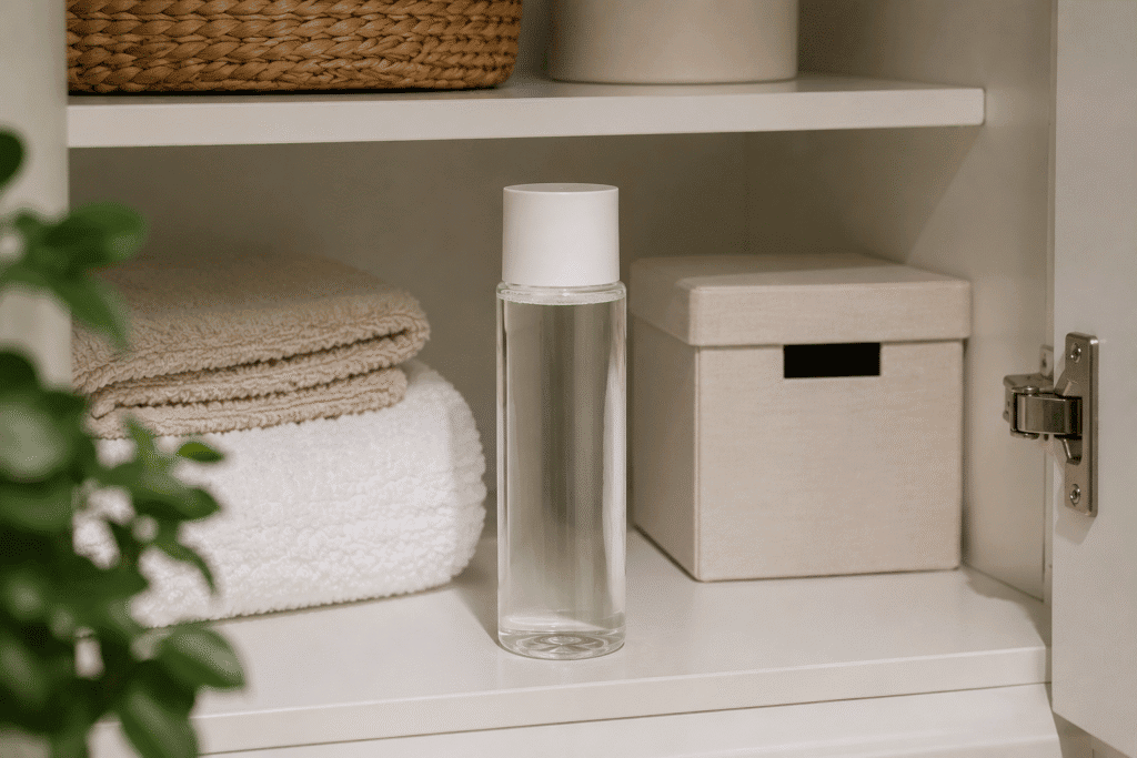 Face toner stored in a cool, dry bathroom cabinet