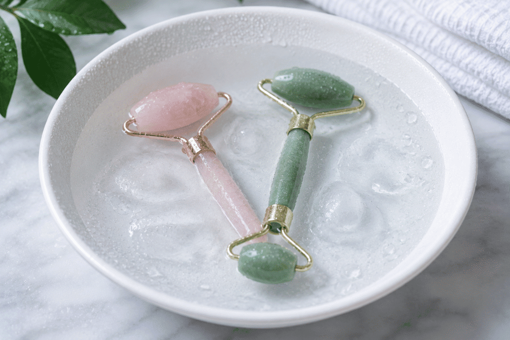 Chilled jade and rose quartz facial rollers