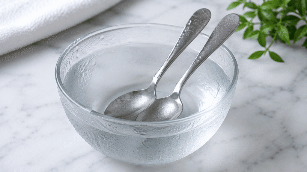 Chilled stainless steel spoons in a bowl of cold water.