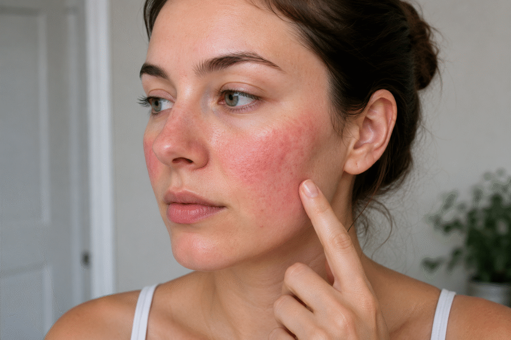 Close-up of a woman with visible rosacea redness on her cheeks and nose.