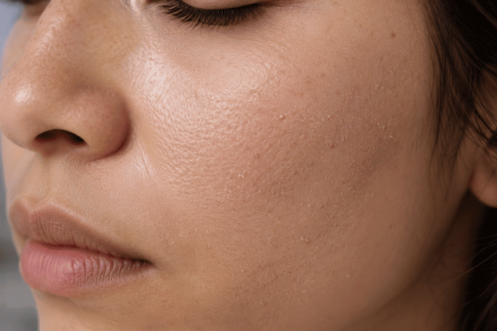 Why Is My Face So Rough? 11 Causes and Smooth Skin Tips 1 Close-up of a face with slightly rough, dry skin texture on the cheek.