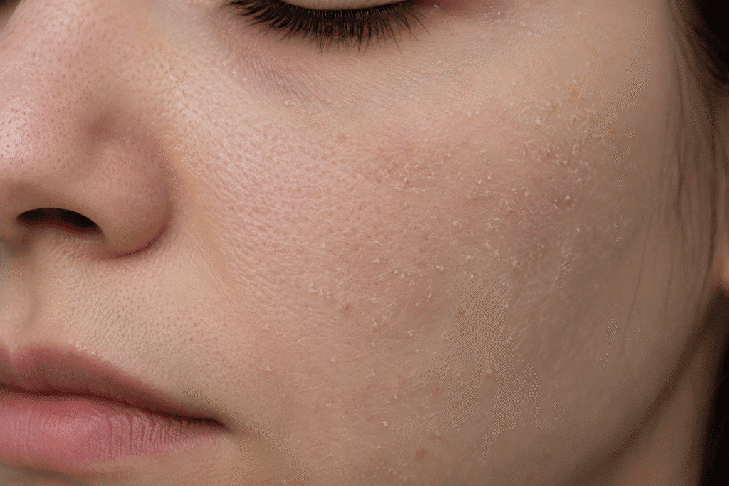Why Is My Face So Rough? 11 Causes and Smooth Skin Tips 2 Close-up of facial skin with visible dead skin buildup