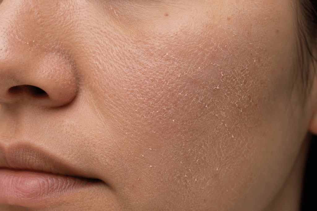 Why Is My Face So Rough? 11 Causes and Smooth Skin Tips 4 Close-up of a face with dry, flaky skin on the cheek.