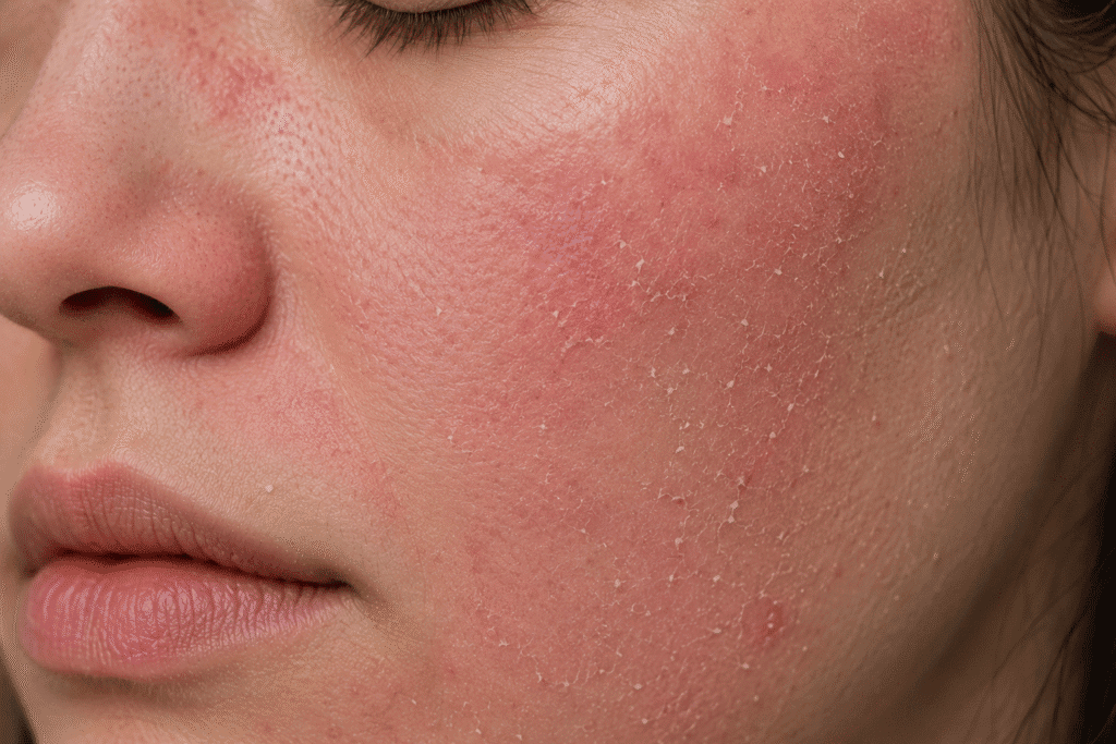 Why Is My Face So Rough? 11 Causes and Smooth Skin Tips 6 Close-up of a face with red, irritated skin from over-exfoliation