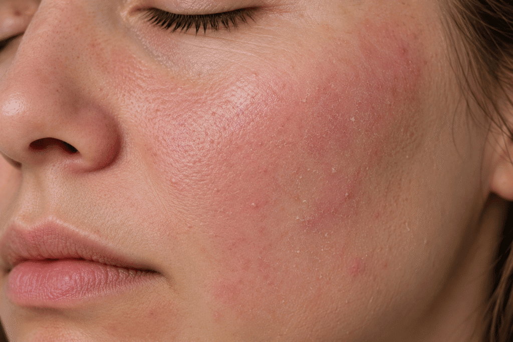 Why Is My Face So Rough? 11 Causes and Smooth Skin Tips 9 Close up photo of face with damaged skin barrier