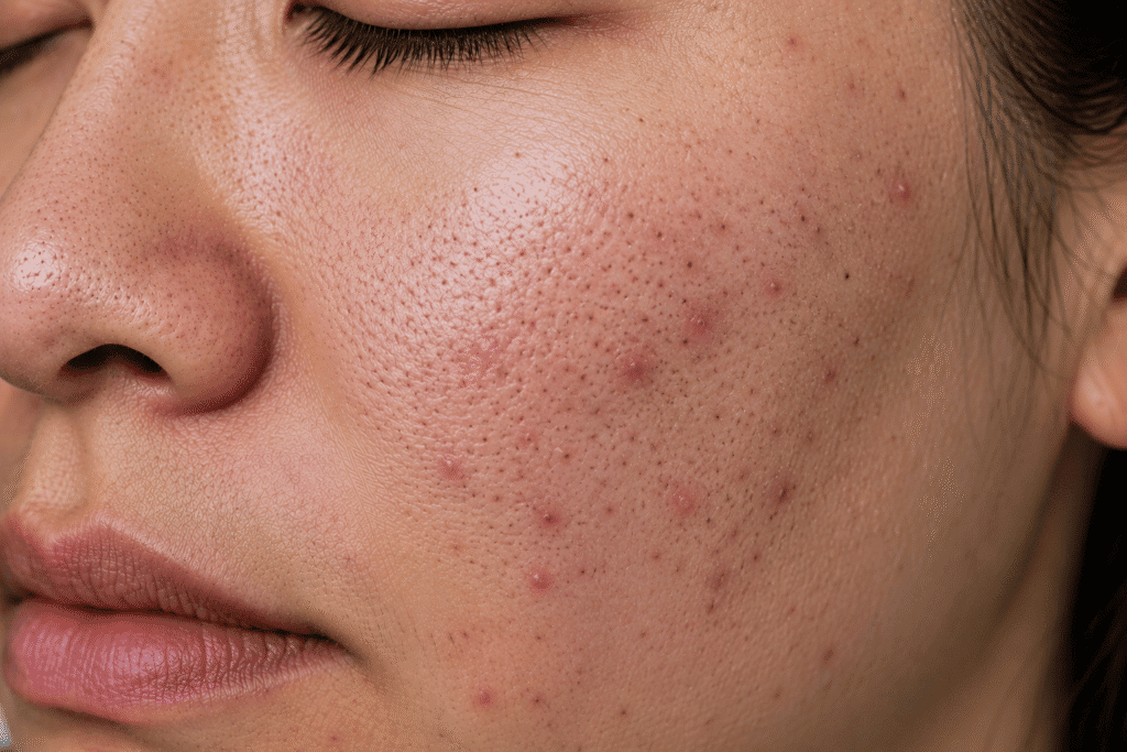 Why Is My Face So Rough? 11 Causes and Smooth Skin Tips 12 Close-up of a face with acne, clogged pores, and uneven skin texture.
