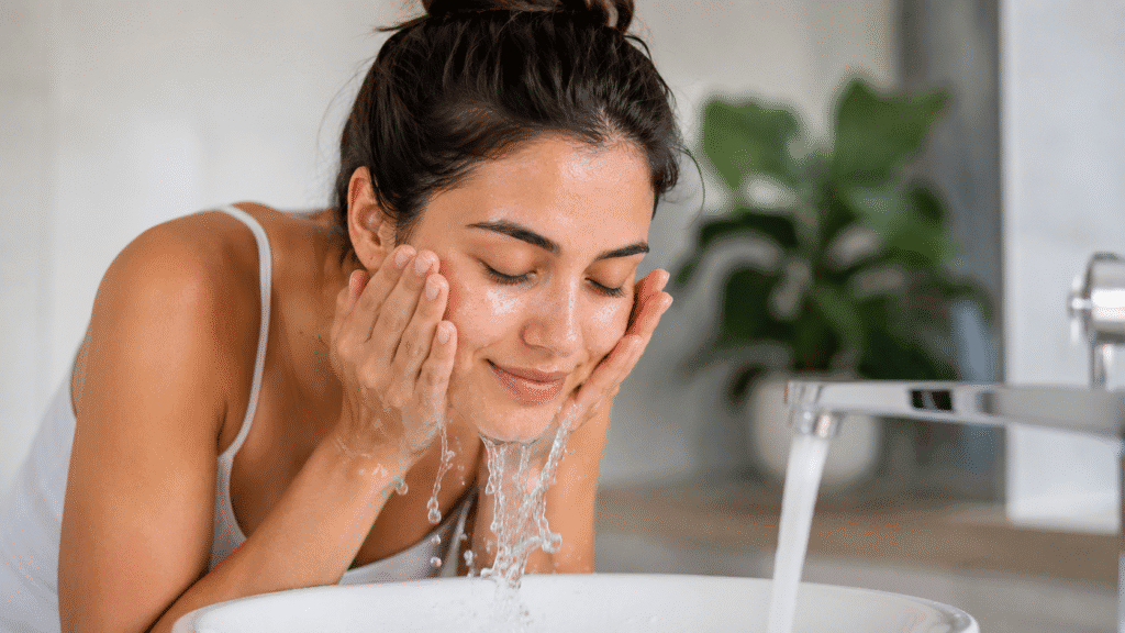 Can You Wash Your Face With Just Water? 1 Woman washing her face with water only.