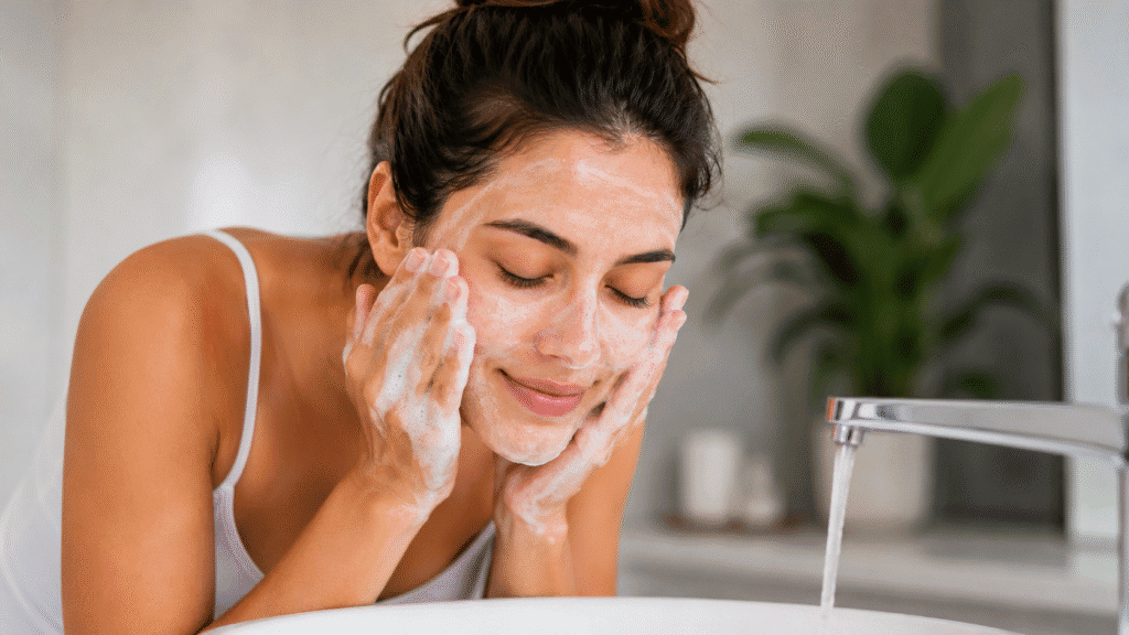 Can You Wash Your Face With Just Water? 2 Woman washing her face with a foaming facial cleanser.
