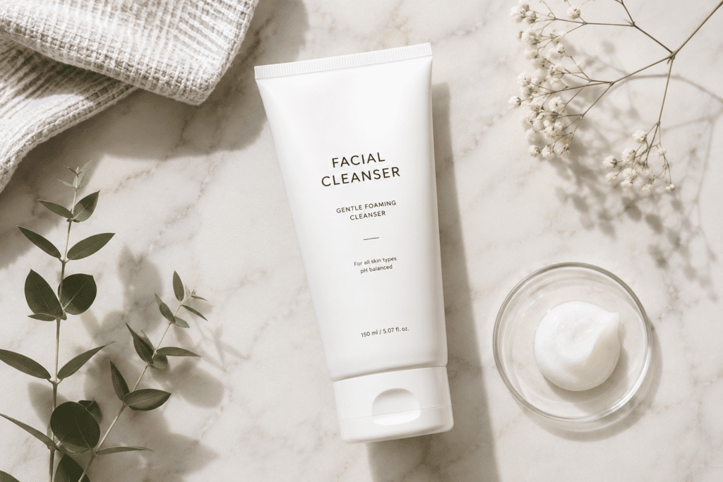 Can You Wash Your Face With Just Water? 4 Flat lay image of facial cleanser