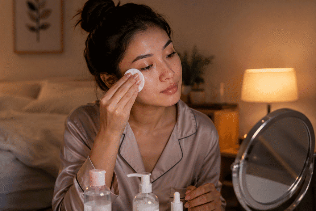 Night Skin Care Routine for Glowing Skin: Complete Guide 1 Woman removing makeup with a cotton pad during her nighttime skincare routine.