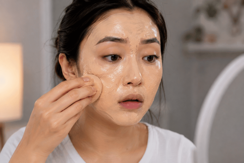 Photo of a girl applying too much foundation
