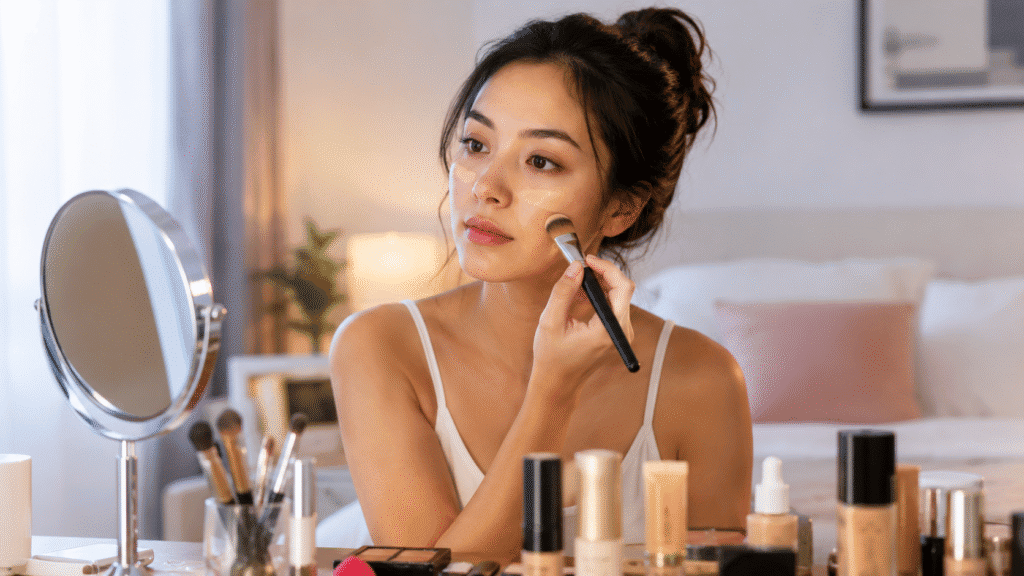 A woman applying her makeup at a vanity
