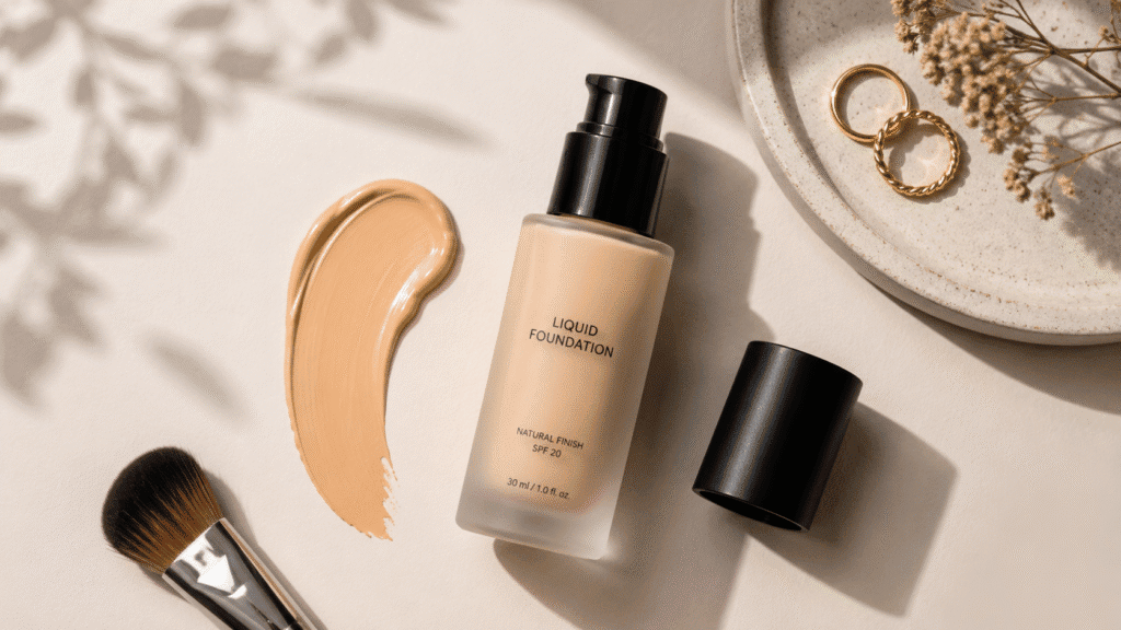 Flat lay of a foundation bottle
