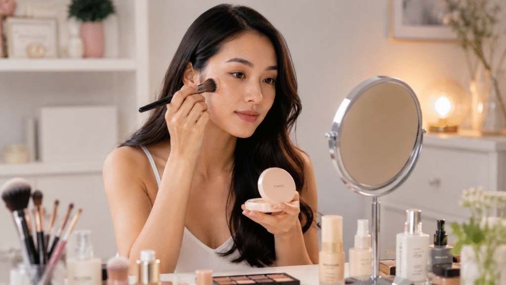 Photo of a woman doing her makeup