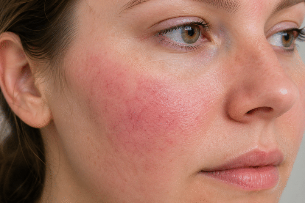 Close-up of a woman's face showing natural rosacea redness on the cheek.
