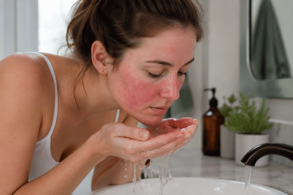 Photo of a girl with rosacea overwashing her face