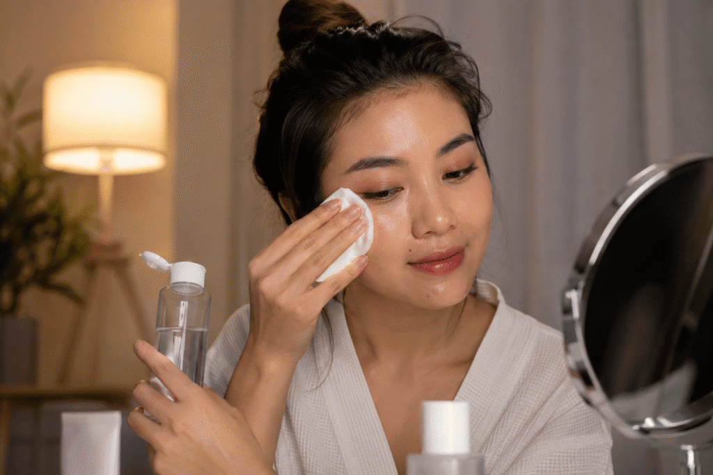 Night Skin Care Routine for Glowing Skin: Complete Guide 2 Woman removing makeup before her nighttime skincare routine.