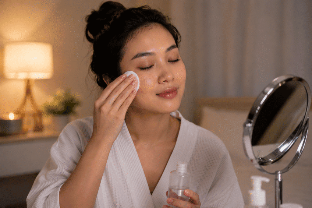 Night Skin Care Routine for Glowing Skin: Complete Guide 5 Woman applying hydrating toner