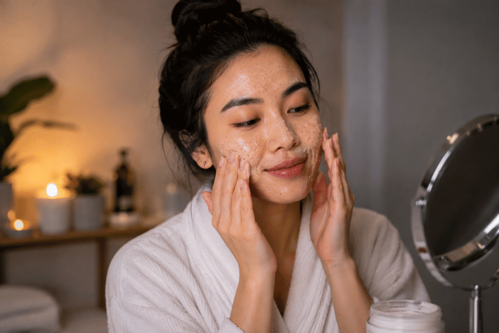 Night Skin Care Routine for Glowing Skin: Complete Guide 4 Photo of a woman exfoliating her face