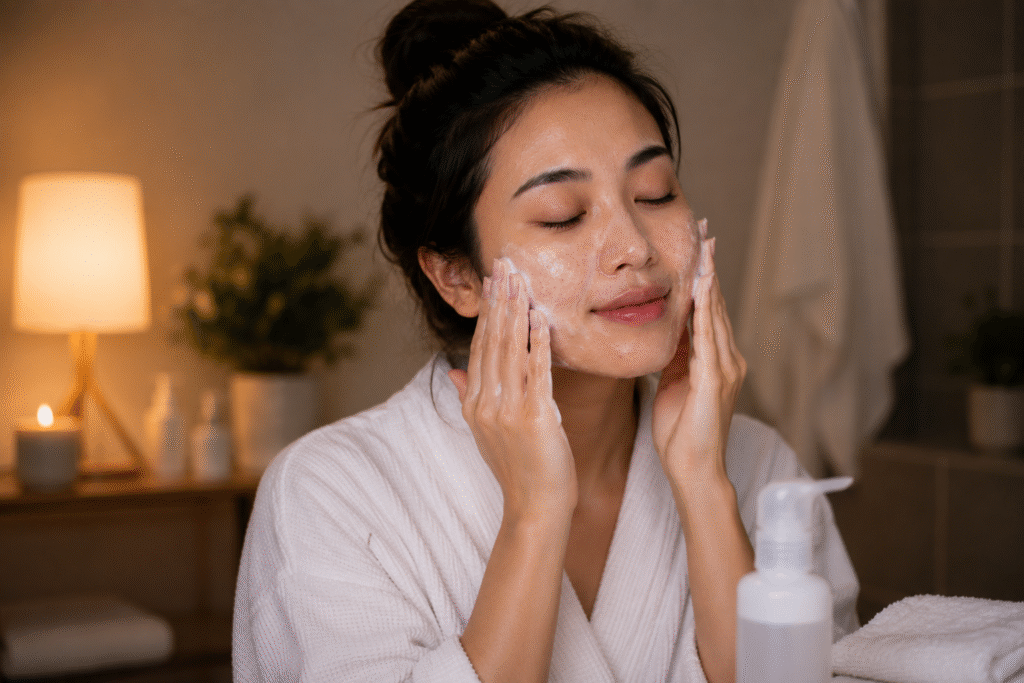 Night Skin Care Routine for Glowing Skin: Complete Guide 3 Woman cleansing her face before bedtime