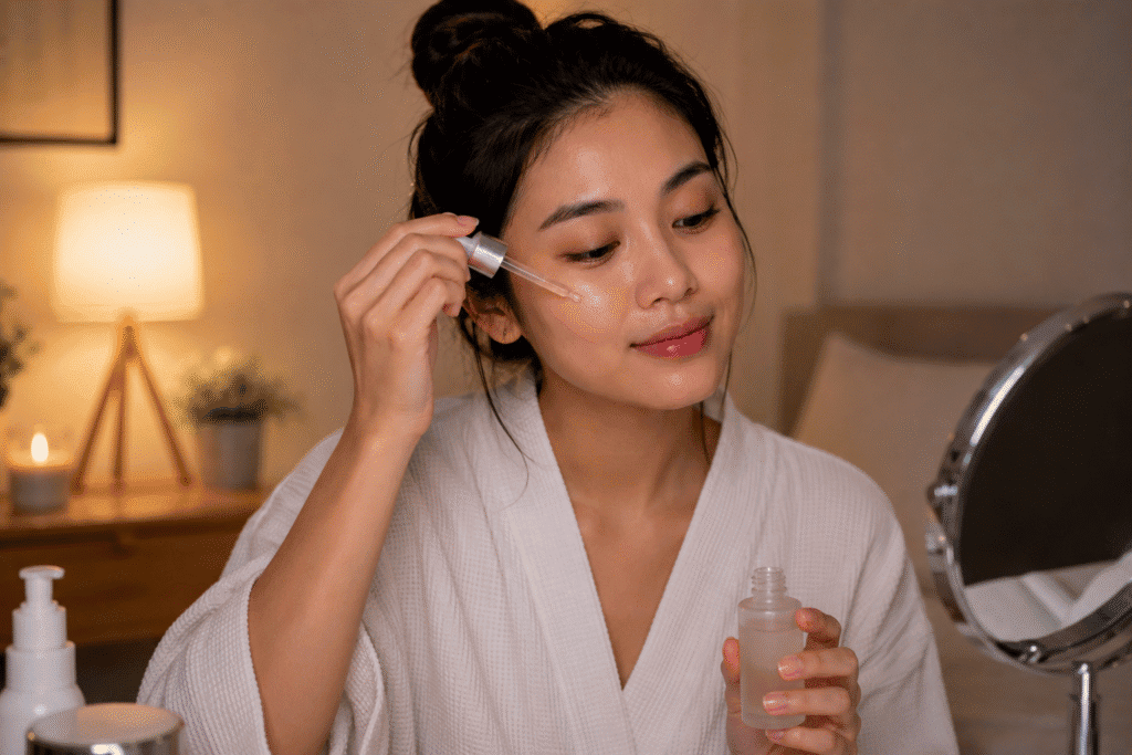 Night Skin Care Routine for Glowing Skin: Complete Guide 6 Woman applying facial serum before bed