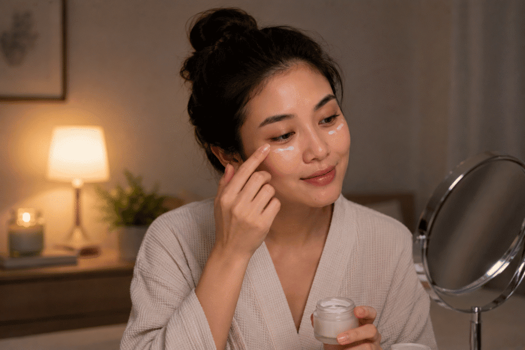 Night Skin Care Routine for Glowing Skin: Complete Guide 7 Photo of a woman applying eye cream before bedtime