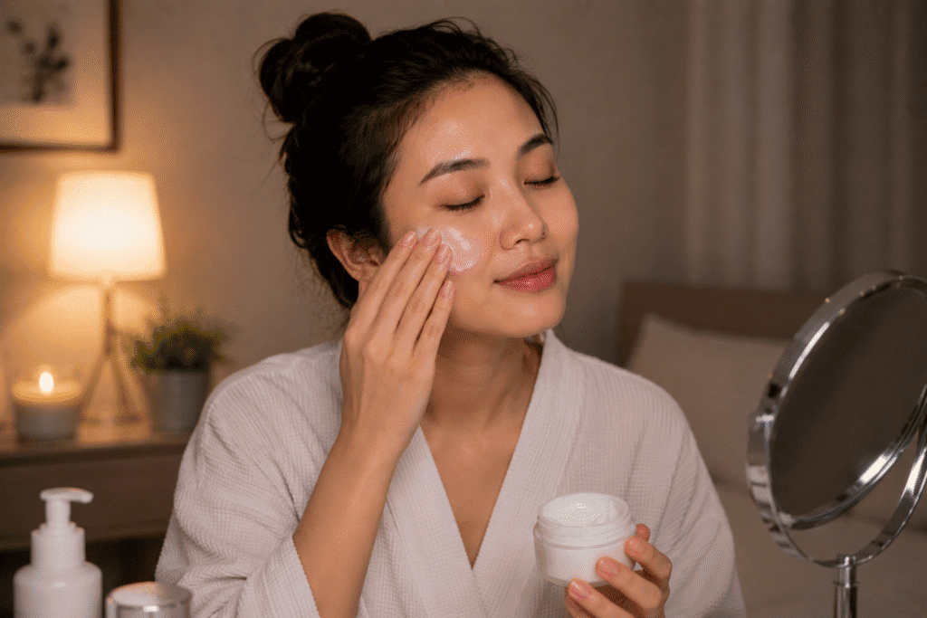 Night Skin Care Routine for Glowing Skin: Complete Guide 8 Woman applying facial moisturizer before bed