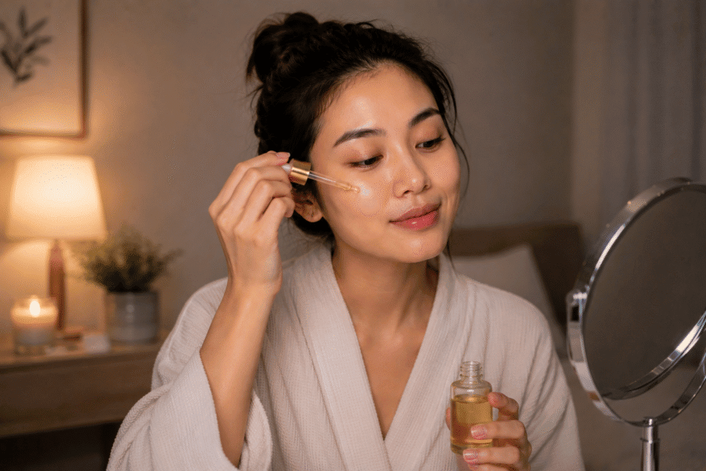Night Skin Care Routine for Glowing Skin: Complete Guide 9 Woman applying facial oil before bed