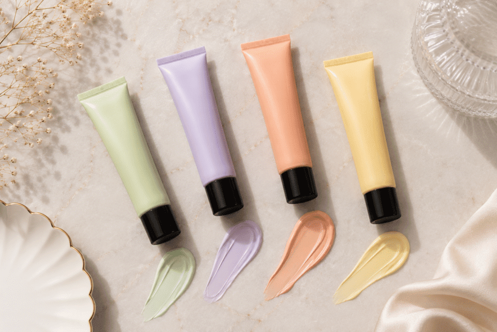 Flat lay image of color correcting primer
