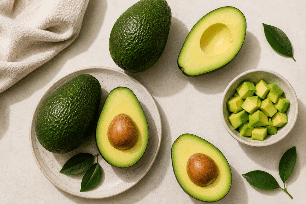 Flat lay image of avocados